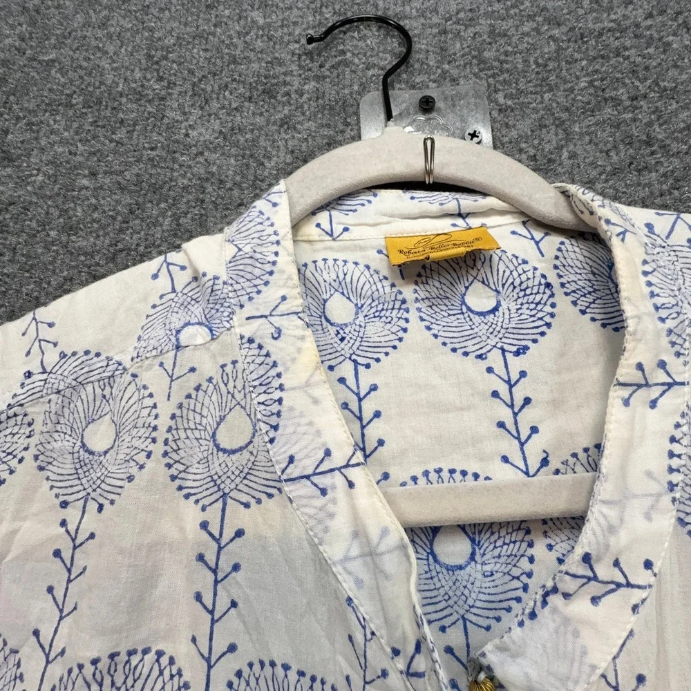 Roberta Roller Rabbit Kurta Women Small White Blue Block Print Cotton Tunic Top